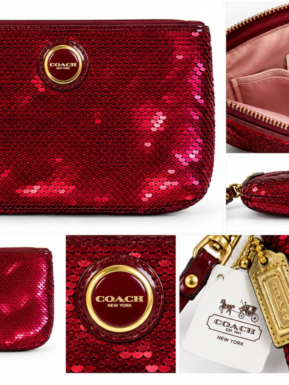 Coach Poppy Sequin Crimson Small Wristlet 48429 With Tags